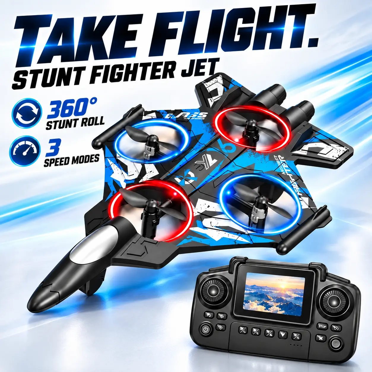 RC Fighter Jet Drone Kids Toys with LED Lights, 360° Stunt Roll, 3 Speed Modes, Altitude Hold, Headless Mode, 1-Key Takeoff & Landing, Standard Remote Control Flying Toy for Kids and Beginners