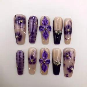 [LIMITED LAUNCH DEAL] Press On Nails, Autumn Purple Floral Design with Gold Accents, Handmade Reusable Fake Nails, Nude Dark Fall Nail Art
