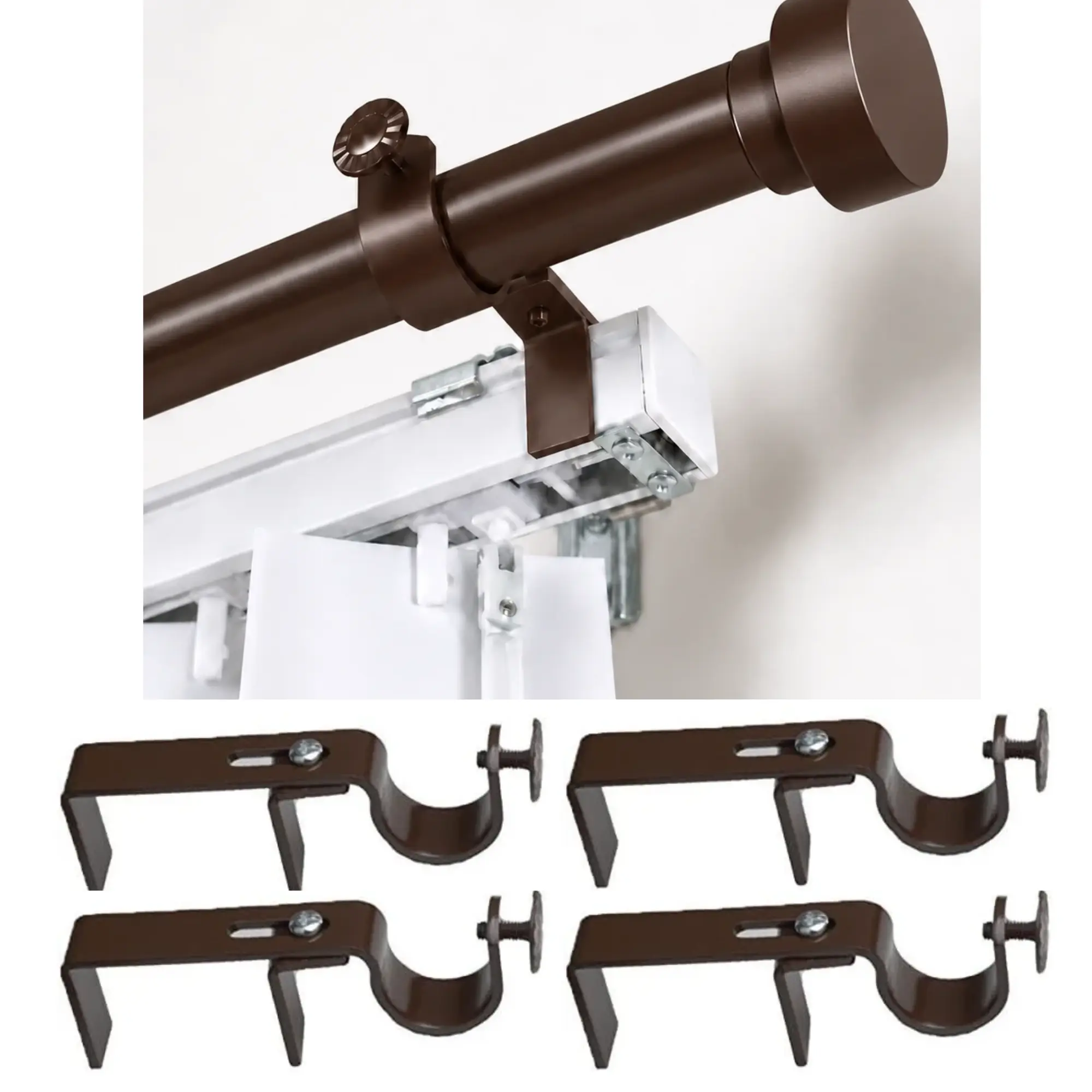 NoNo Bracket - No Drill Curtain Rod Bracket Attachment over Blinds (Brown set of 4)