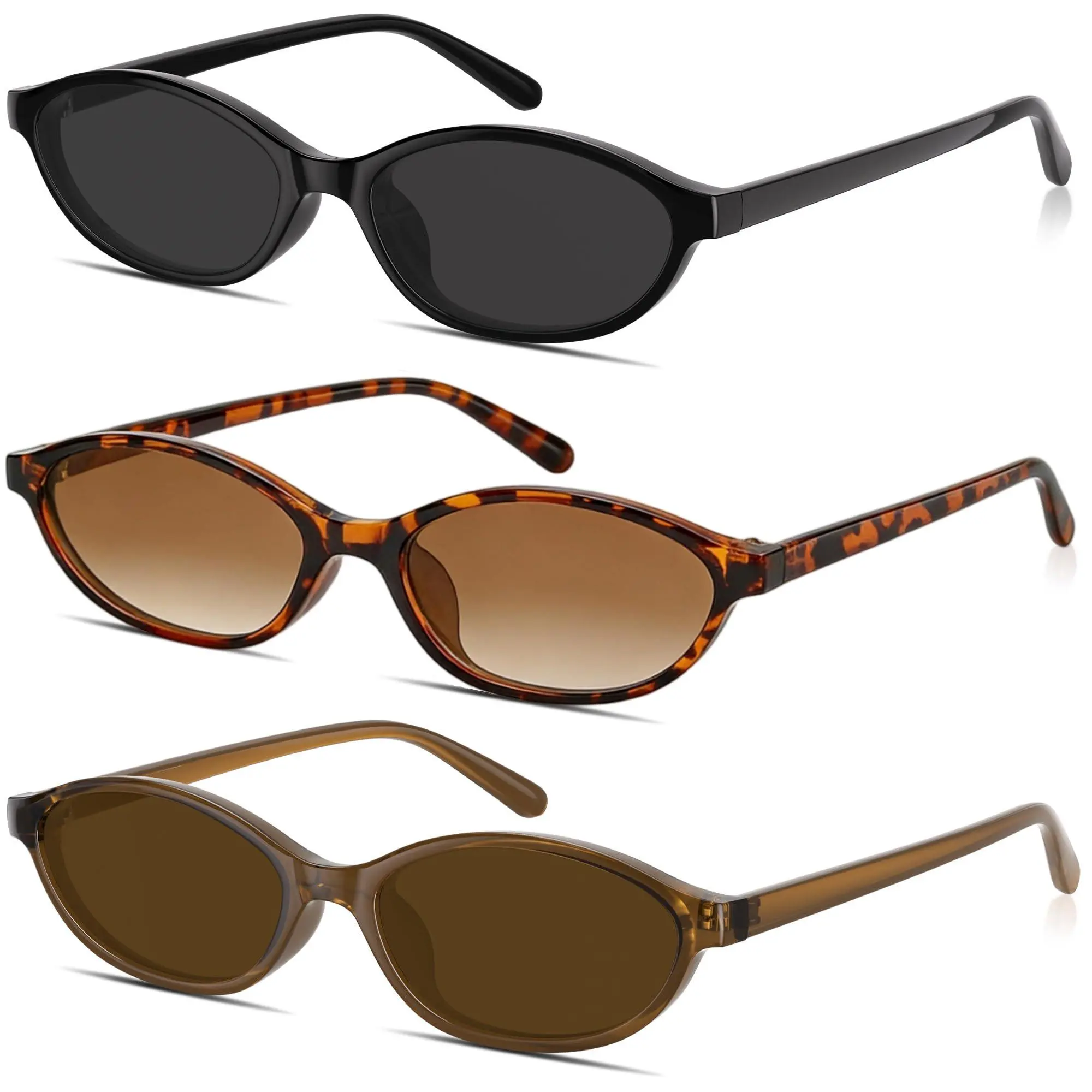 Pack of 3 Retro Oval Sunglasses for Women Small Cat Eye Sun Glasses Womens Trendy Y2K Narrow Shades UV400 Protection for Driving, Shopping, Sunbathing, Parties and More Occasions