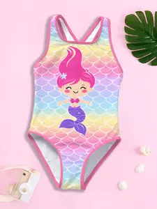 Girls' One-Piece Swimsuit "Rainbow Mermaid Style" — Gradient fish scale pattern, cartoon mermaid printed tank swimsuit, skin-friendly, breathable and sweat-resistant. Stylish and versatile for swimming lessons, seaside vacations and water park outings.