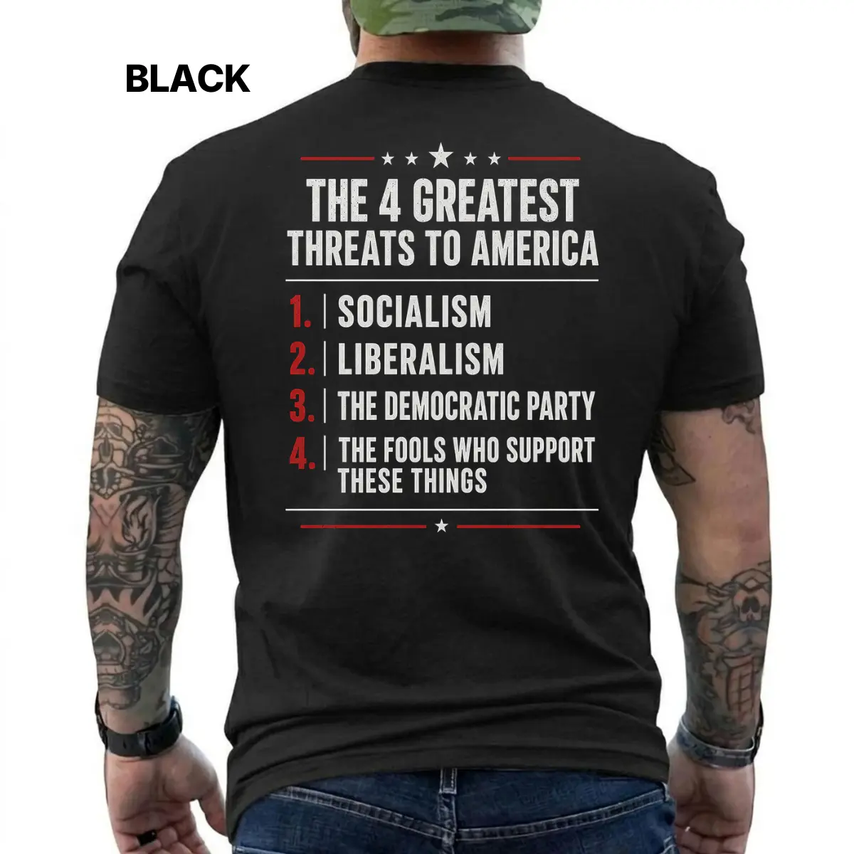 Funny Conservative Political T-Shirt for Men – The 4 Greatest Threats to America Graphic Tee, Republican Humor Shirt, Anti Liberal Gift for Dad Husband, Short Sleeve Printed Graphic Shirt, Daily Casual Cotton Menswear