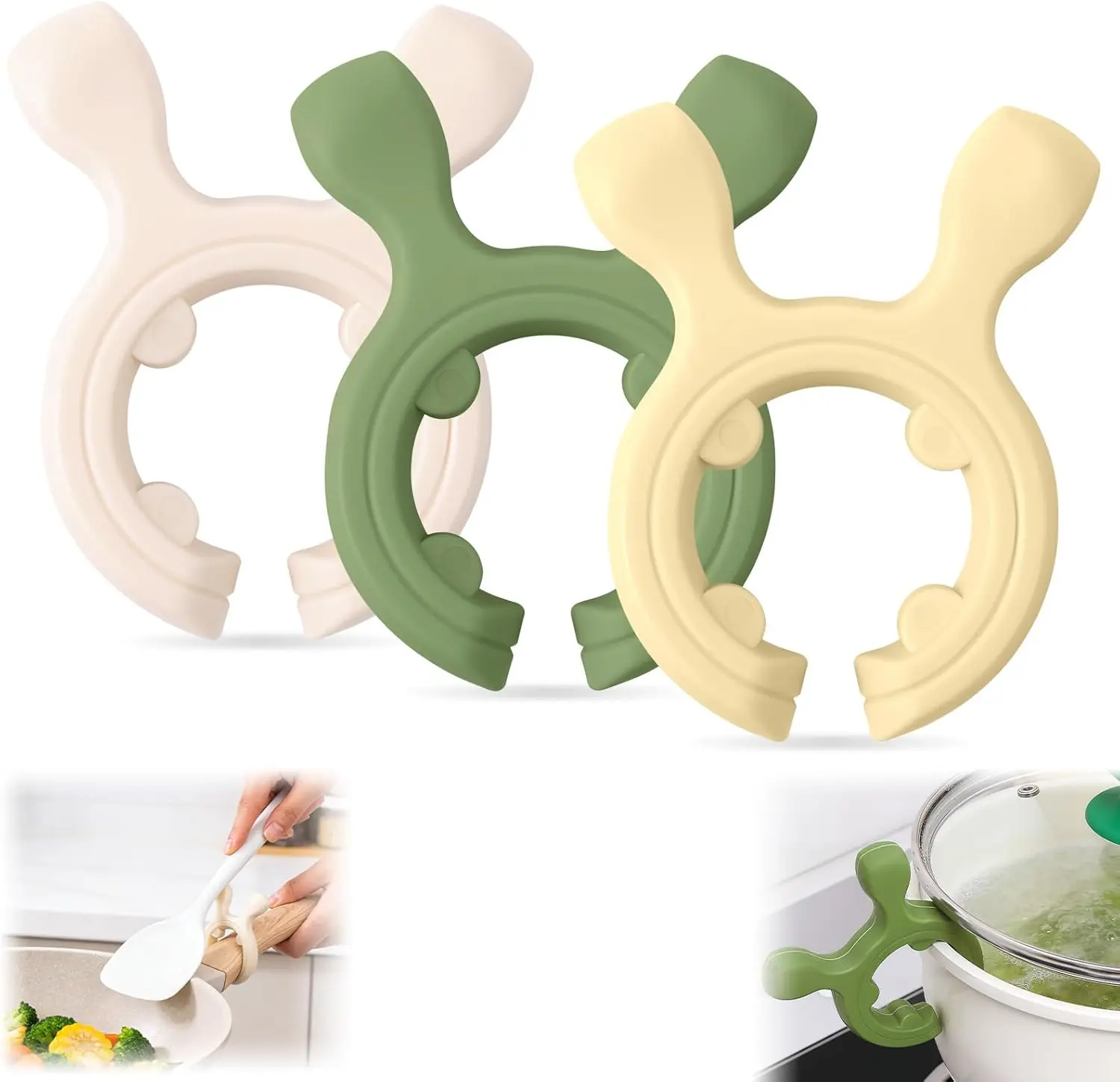 3-Piece Multifunction Silicone Pot Handle Spatula Rack Set (3 Colors) - 2026 Non-Slip Lid & Utensil Holder, Heat-Resistant Cooking Aid, Flexible Clip Steam Releaser, Anti-Scalding Spoon Holder