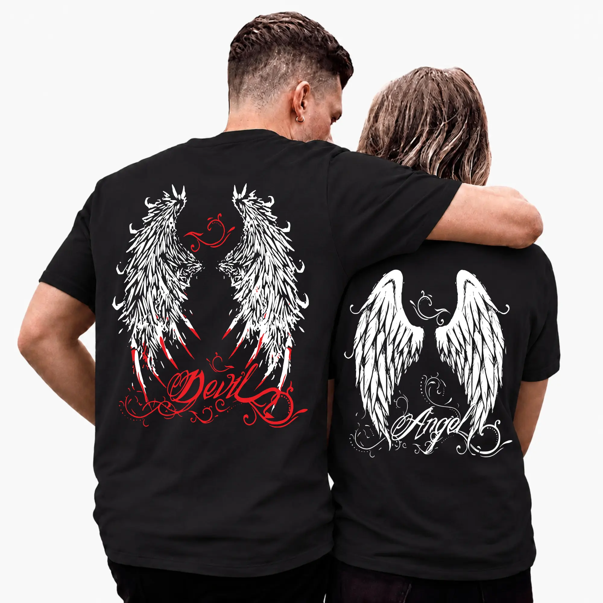 [Please add custom in the note or message us] Angel Devil Couple Matching Apparel, Graphic T-Shirt Sweatshirt Hoodie for Couples, Custom His and Hers Gift for Women and Men, Cotton Unisex