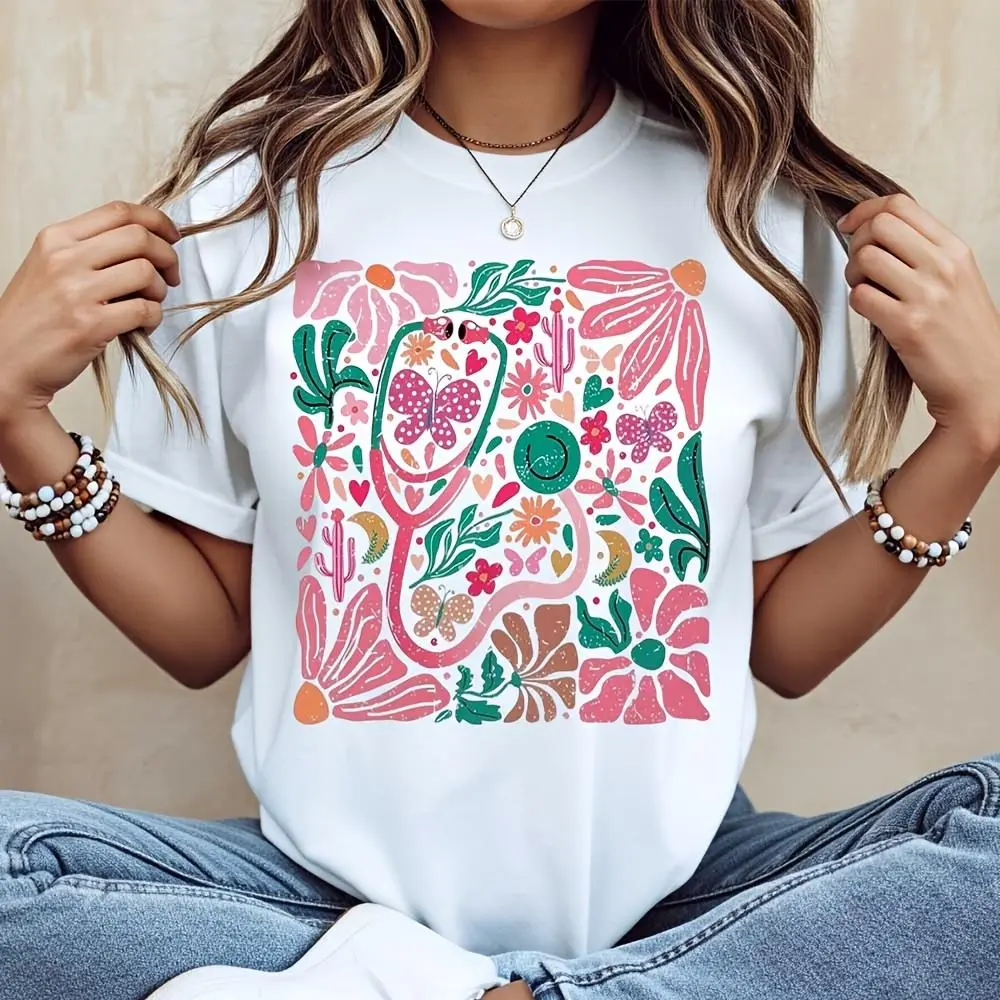 Colorful Floral Butterfly Stethoscope Print T-Shirt, Nurse Doctor Medical Theme Gift, Casual Daily Wear Summer Top