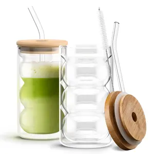 HAPPY PATH & CO. 2 Double Wall Glass Cups with Lids and Straws 16oz (480ml) - Glasses Drinking Set | Glass Tumbler with Bamboo Lid | Ribbed Bubble Glass Cups for Matcha, Coffee and Other Smoothies