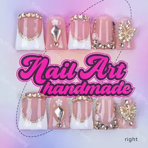 Delicatething Y2K Style Duckbill Nail Tips, Handmade Wearable Nails, Nail Art Design, 4 Sizes XS S M L, Gold Butterfly Rhinestones, Perfect Gift for Girls