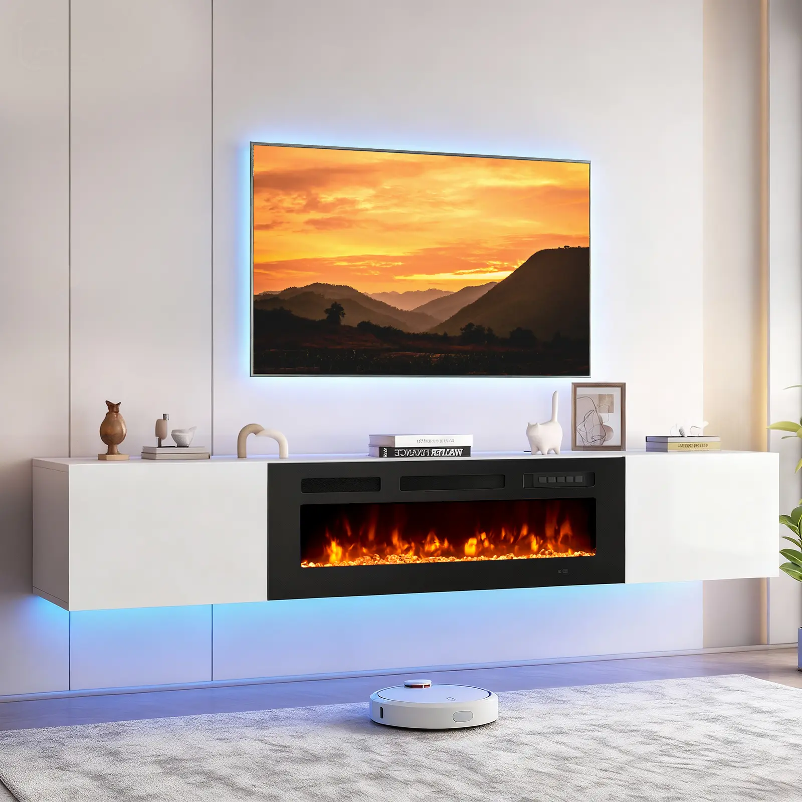 MXV 70'' Floating TV Stand, Modern TV Console Cabinet with 36" Electric Fireplace, Media Entertainment Center Wall Mounted, Adjustable 12-Color LED Lights, for Living Room, White + Black