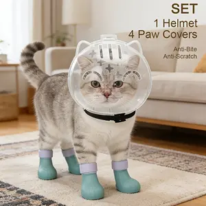 Cat Grooming Set: Transparent Astronaut Bubble Helmet & 4 Silicone Claw Protectors, Safe Bathing, Nail Trimming, Vet Visits