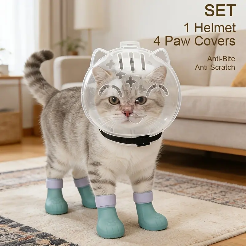Cat Grooming Set: Transparent Cute Astronaut Bubble Helmet & 4 Silicone Claw Protectors, Safe Bathing, Nail Trimming, Vet Visits, Grooming Supplies for Kittens, Grooming Bundle
