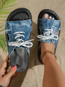 Women's Denim Strap Thick Sole Sandals, New Summer Outdoor Casual High Wedge Flat Beach Shoes, Comfortable Textile Upper & Rubber Sole