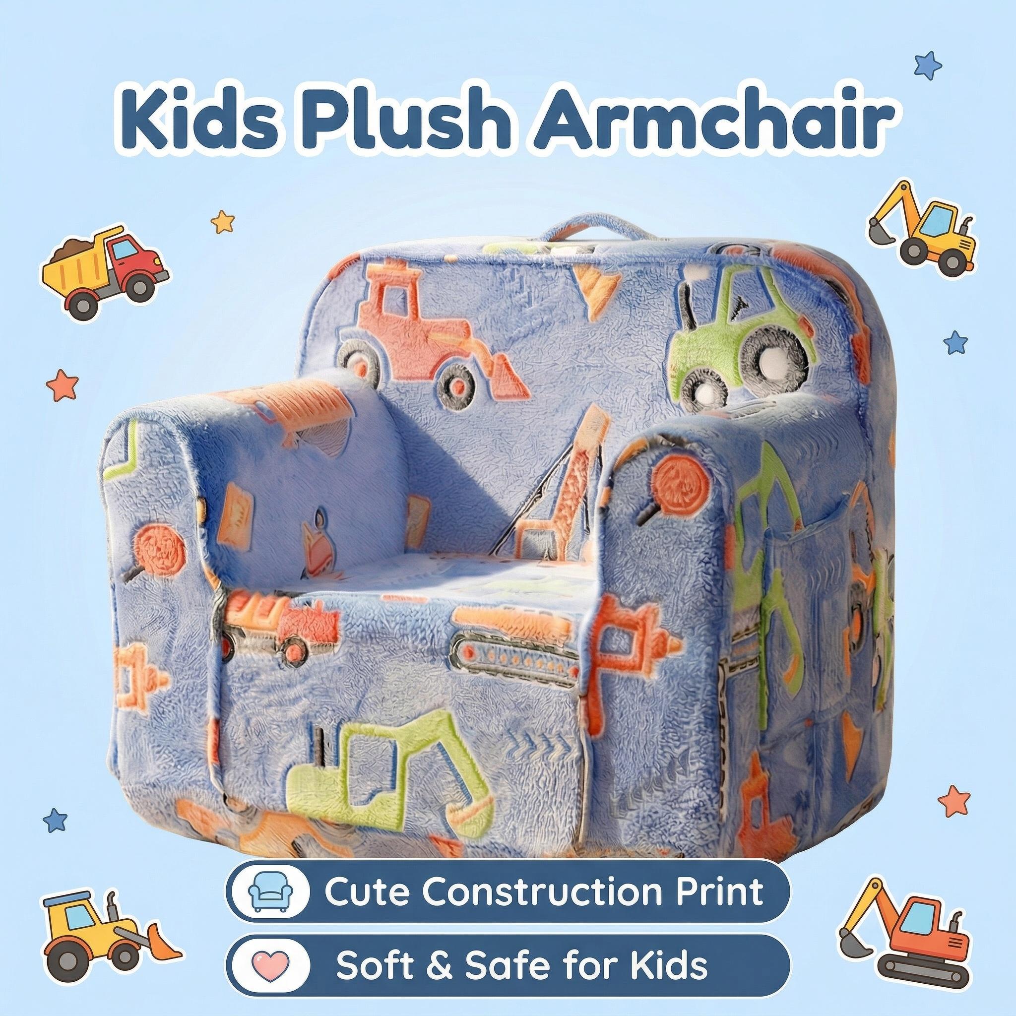 Kids Couch, Comfy 2-6 Years Old,, Toddler Couch Sofa, Kid Sofa  for Boys and Girls Gifts, Kids Recliner, Cartoon pattern of blue engineering vehicle