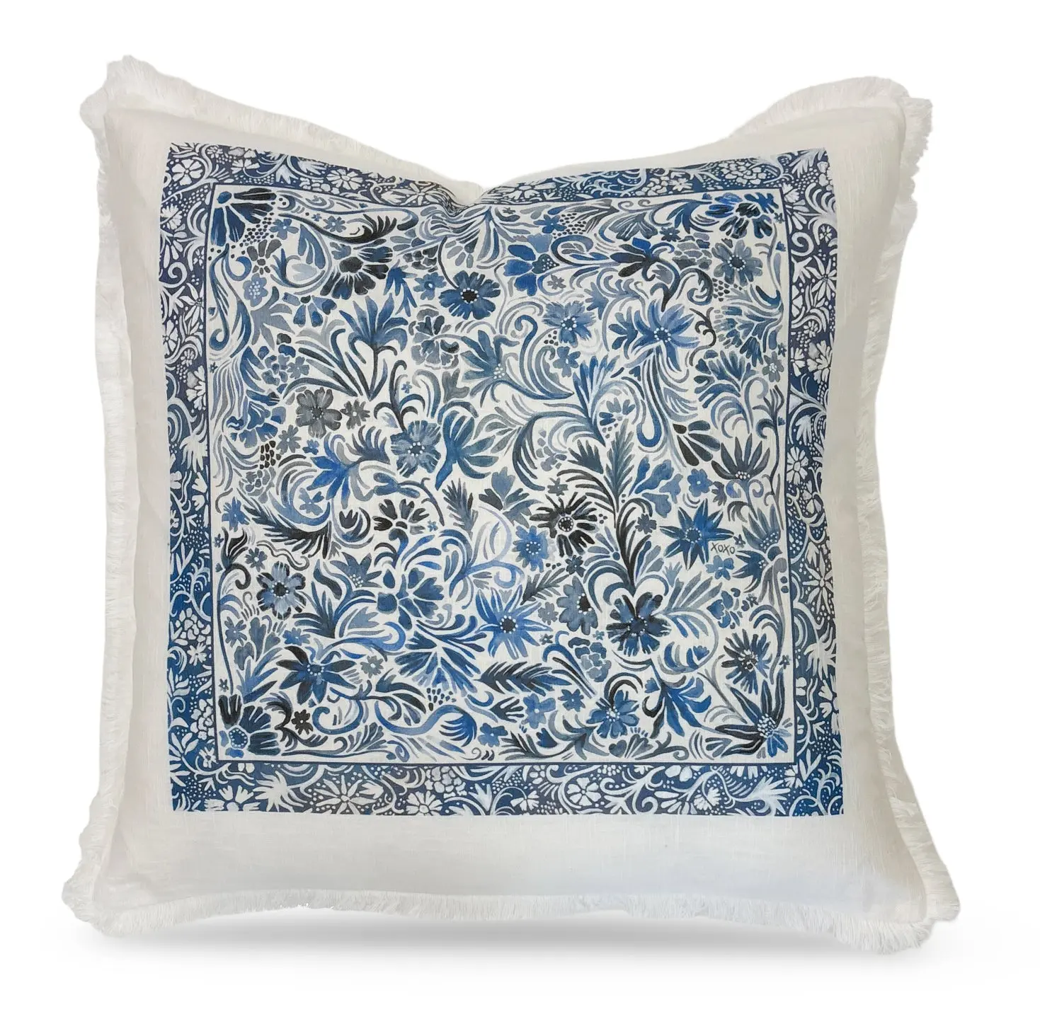 Denim Flowers XOXO Linen Cotton 22x22 Square Pillow