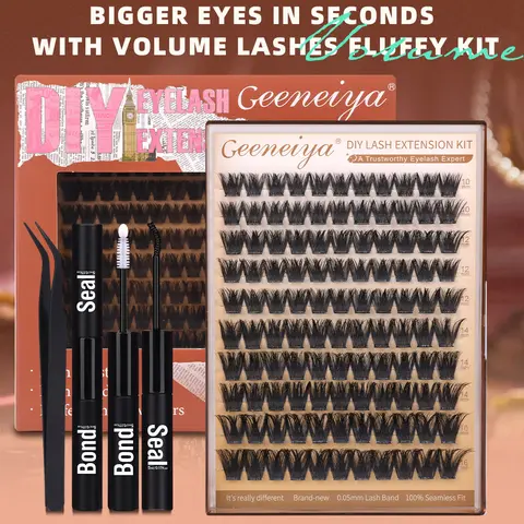 Geeneiya Faux Mink 100D D-Curl Lash Cluster Kit - Volumized False Eyelashes DIY Extensions Set with Bond, Seal, Tweezers, Customizable Fit, Accessories Bundle False Eyelashes & Adhesives for Everyday Glam Makeup