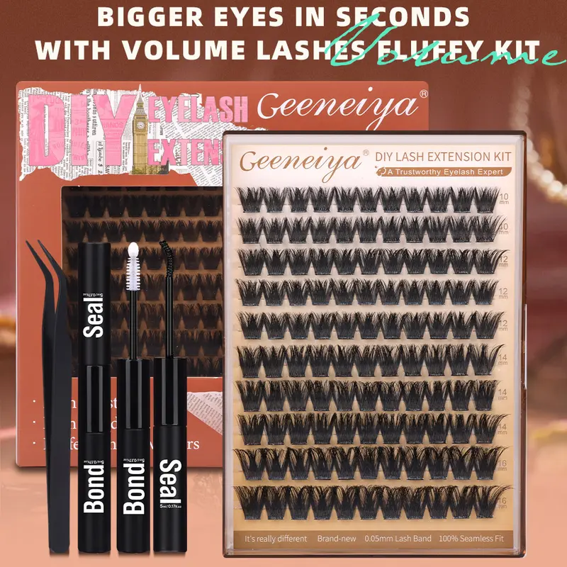 Geeneiya Faux Mink 100D D-Curl Lash Cluster Kit - Volumized False Eyelashes DIY Extensions Set with Bond, Seal, Tweezers, Customizable Fit, Accessories Bundle False Eyelashes & Adhesives for Everyday Glam Makeup