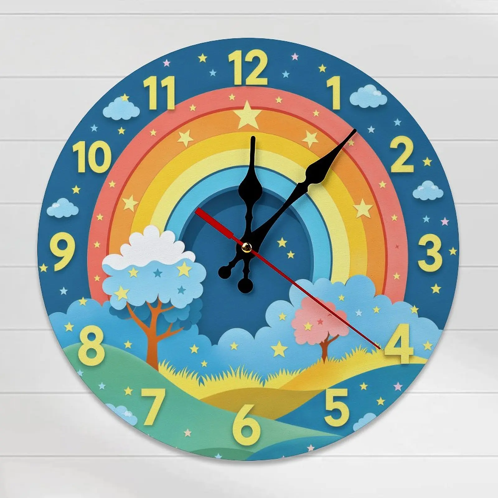 10-12in Round Wooden Analog Clock - DIY Assembly Required, Colorful Cartoon Rainbow Stripe Clouds, Silent Sweep Movement, Batteryless, Screen-Free Casual Home Decor, Kid Room Decor