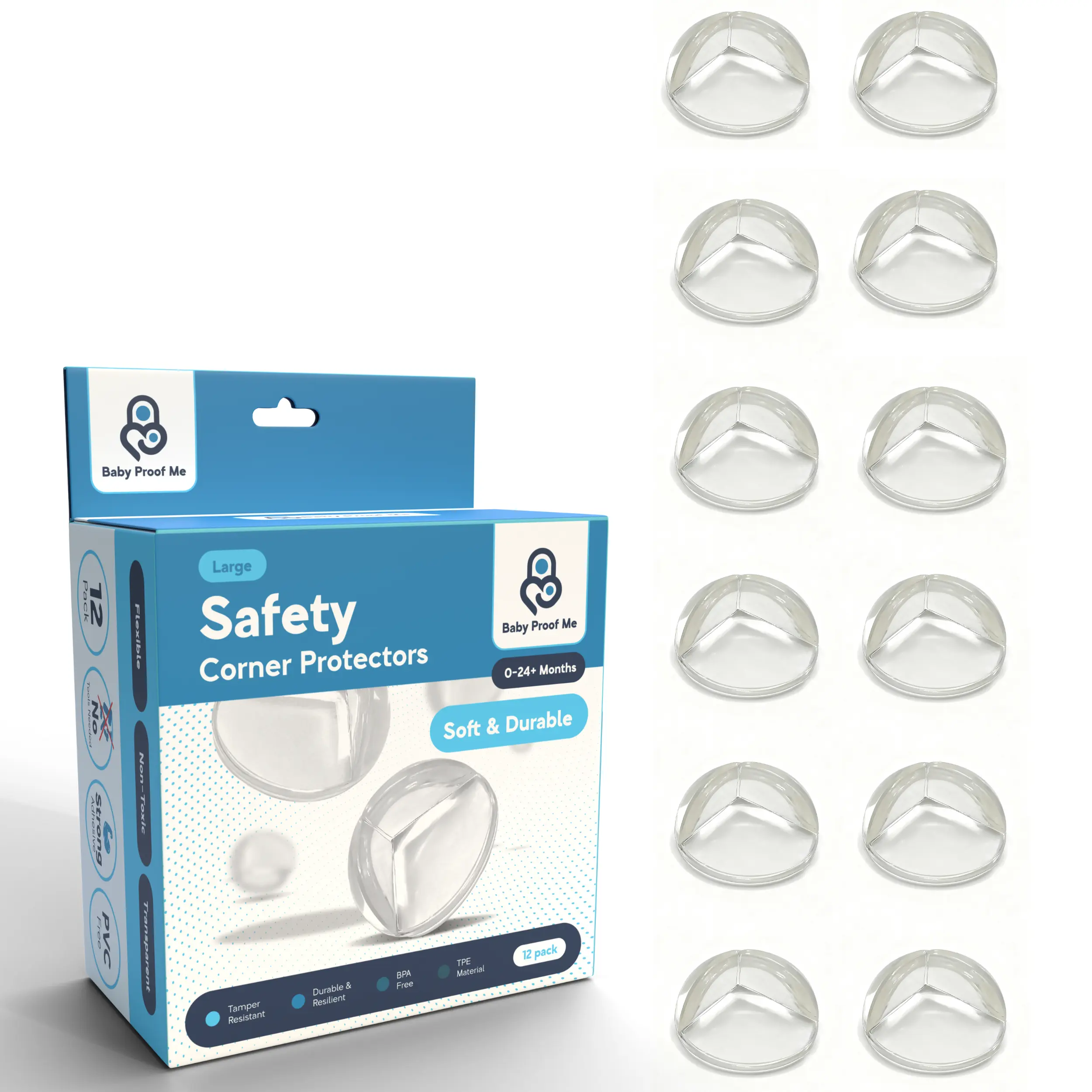 Baby Proof Me Large Clear Table Corner Protectors (12 Pk) - Almost Invisible Edge Safety Bumpers for 12-18 Months Toddlers, Desk, Coffee Tables, Countertops, Strong Adhesive Furniture Guards