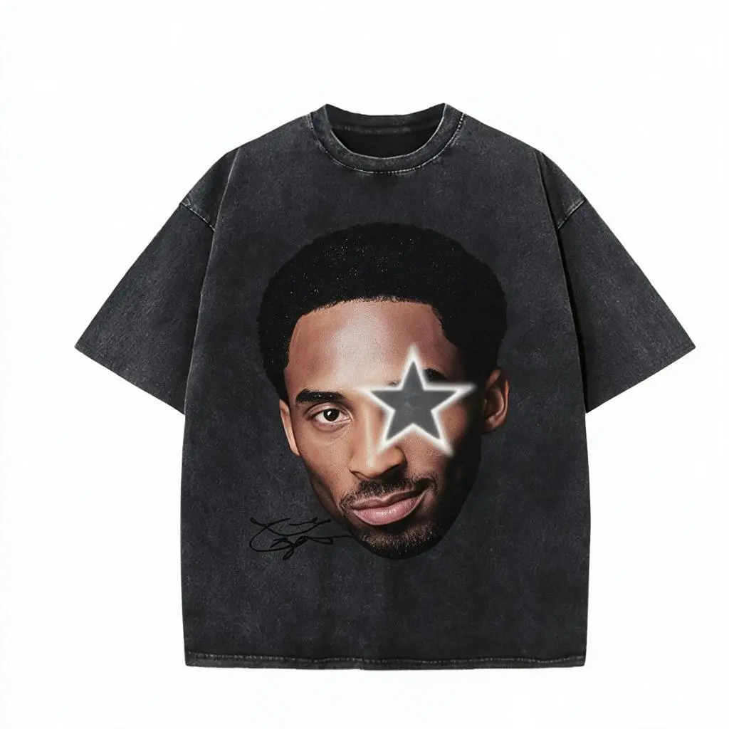 Unisex Classic Kobe Big Face Grey Star Print Shortsleeve Shirt, 100% Cotton Comfortable Crewneck Top, Casual Summer Lounge Attire, Great Gift for Men & Women