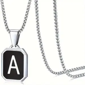 Unisex Initial Necklace A-Z, Square Capital Letter Charms in Black and Silver, Made of Stainless Steel, 24 Inch Chain, Ideal as a Gift or Jewelry Piece