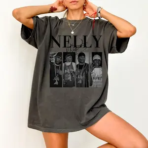 Graphic Nelly Rapper Bootleg T-shirt, Retro Y2k Casual Women's Fashion Top Basic Elastic Grey Knit Short Sleeve CrewNeck Unisex Heavy Tee 4KR
