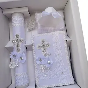 5pcs Baptism Candle Set with 8”Candle, Rosary, New Testament & Decorative Elements in Box for Boys and Girls English & Spanish white