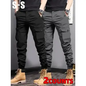 Men's solid color drawstring waist work pants, fashionable casual pocket elastic waist pants, suitable for all seasons(Sheet)