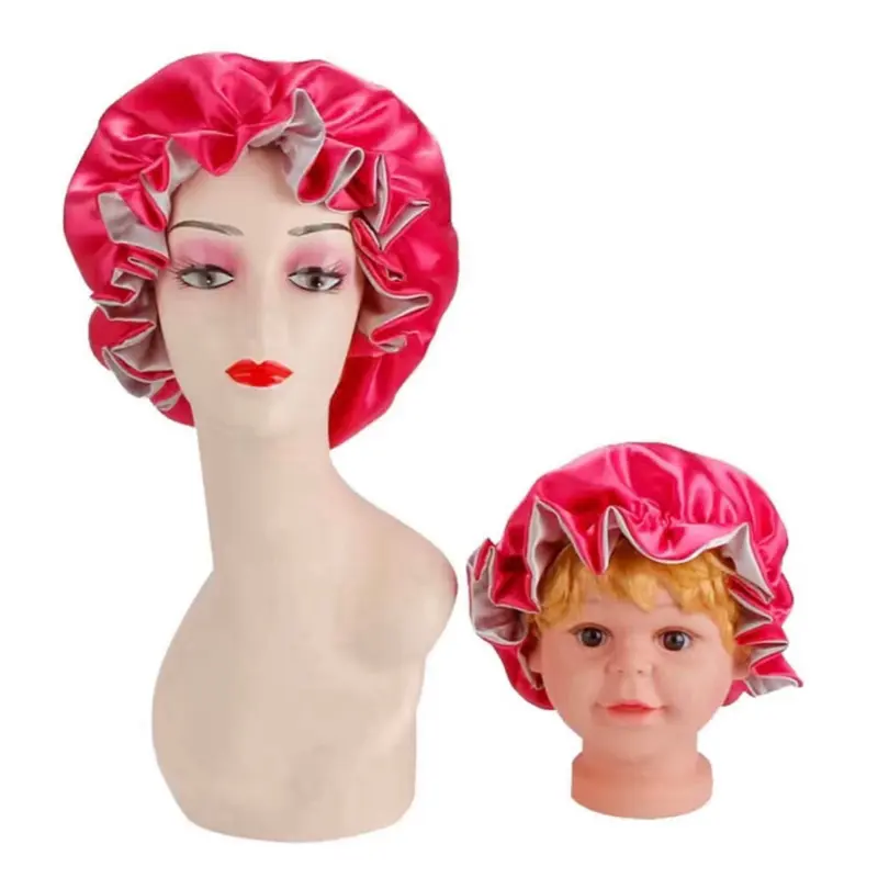 Mommy and Me Bonnet Set, Adjustable Curly Hair Bonnet for Women and Baby/Kids/Toddler (0-3 Years Old), Double Layer Satin Bonnet Sleep Cap Hair Cap (Green/Bean Paste)