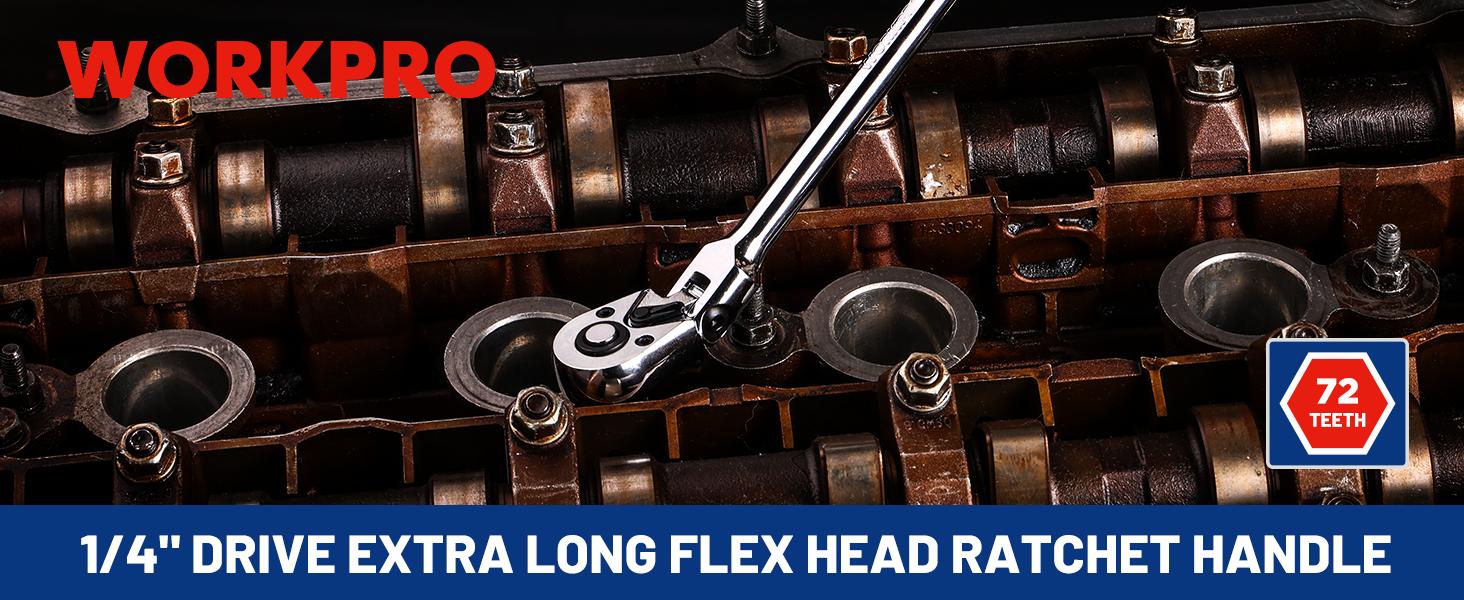 #SpringGlowUp WORKPRO 1/4 & 3/8 & 1/2 inch Drive Extra Long Flex Head Ratchet, 12 Inch Long CR-V Steel Ratchet Handle with Chromium Plating, CR-MO Head, Quick Release Reversible Design, 72-Tooth