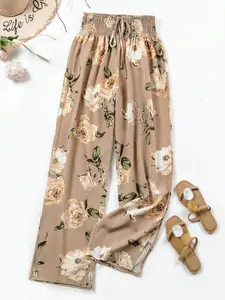 Women's Rose Print Wide Leg Pants, Elastic Waist Adjustable Drawstring Design, Drapey Slimming Split Casual Trousers, European Style Vacation Wear