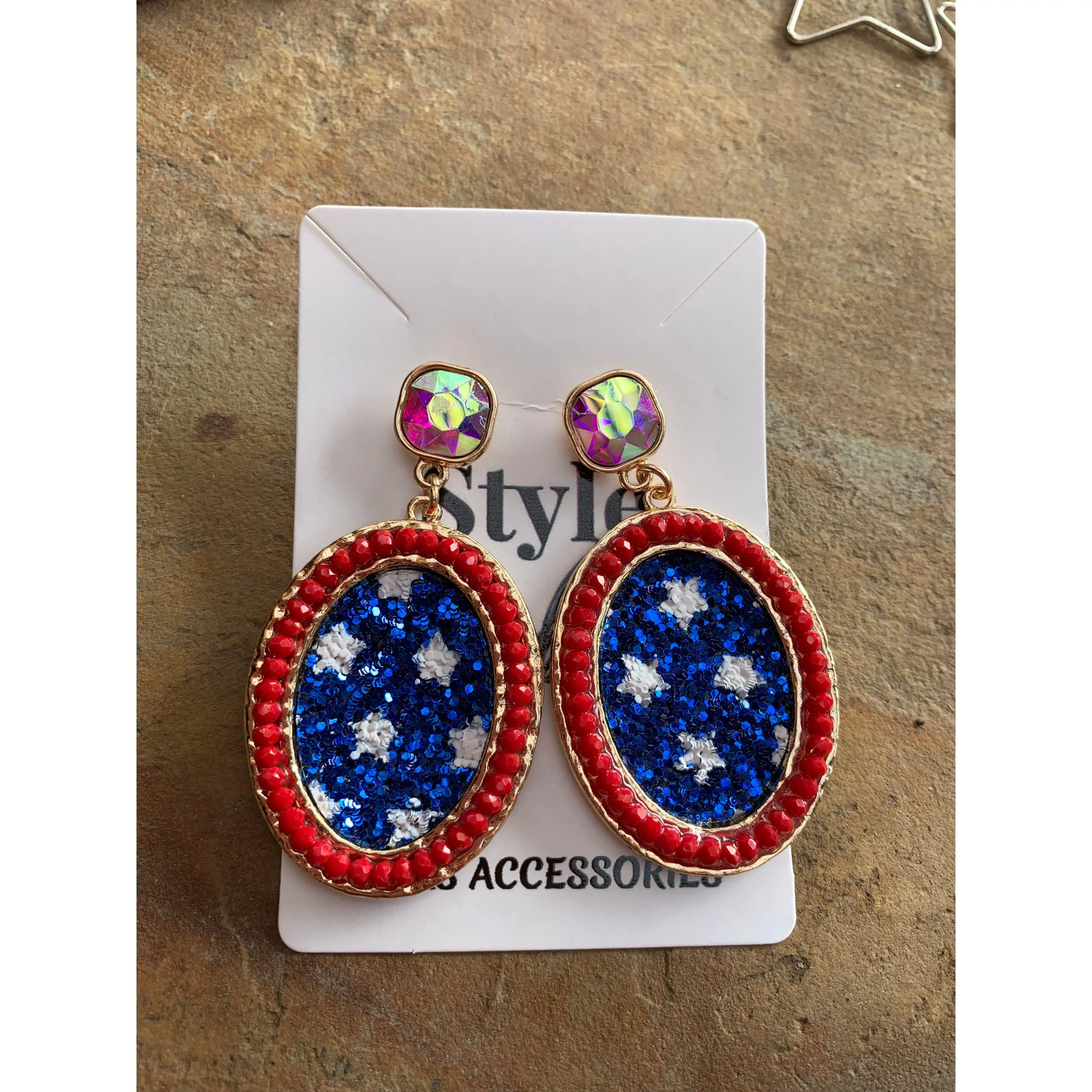 American Child Oval Glittered Star AB Earrings