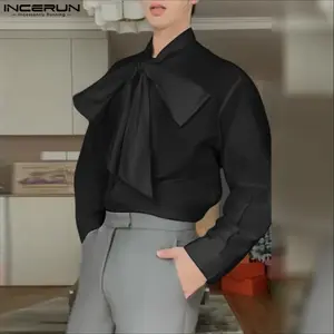 INCERUN Mens Spring Autumn Palace Style Bow Blouse Elegant Solid Color Satin Long Sleeve Shirt for Dinner Party Formal Dating Wear Menswear