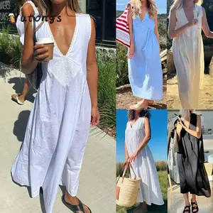 #TikTokShopBacktoSchool Women Summer Tank Dress Sleeveless Deep V Neck Trendy Floral Eyelet Beach Long Dress