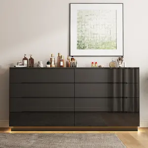FUFU&GAGA Modern 8-Drawer Double Dresser with LED Lights High-Gloss Surface for Bedroom Storage & Versatile Usage