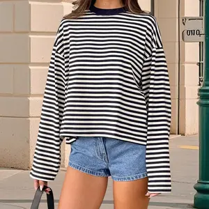 Women T-shirt, Long Sleeve Crew Neck Loose Ladies Fall Casual Striped Top Streetwear