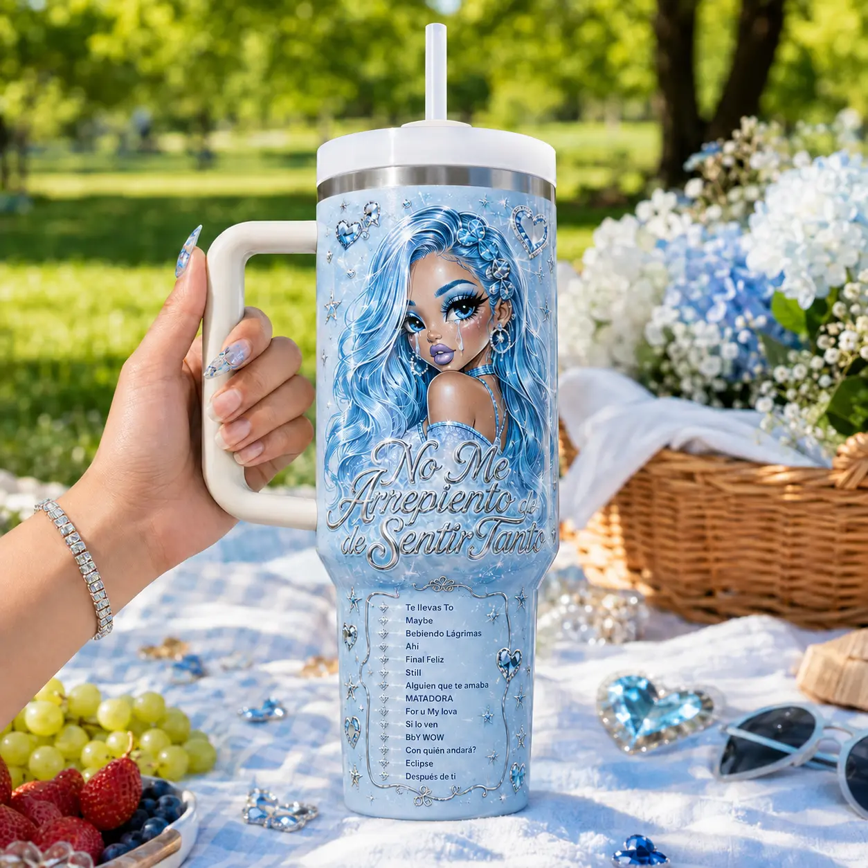 La Bichota No Me Arrepiento de Sentir Tanto Album Release 2026 40oz Stainless Steel Tumbler with Handle and Straw, Bichotas Fandom Reggaeton Insulated Travel Mug, Latin Pop Music Cup, Concert Style Gift for Women and Men