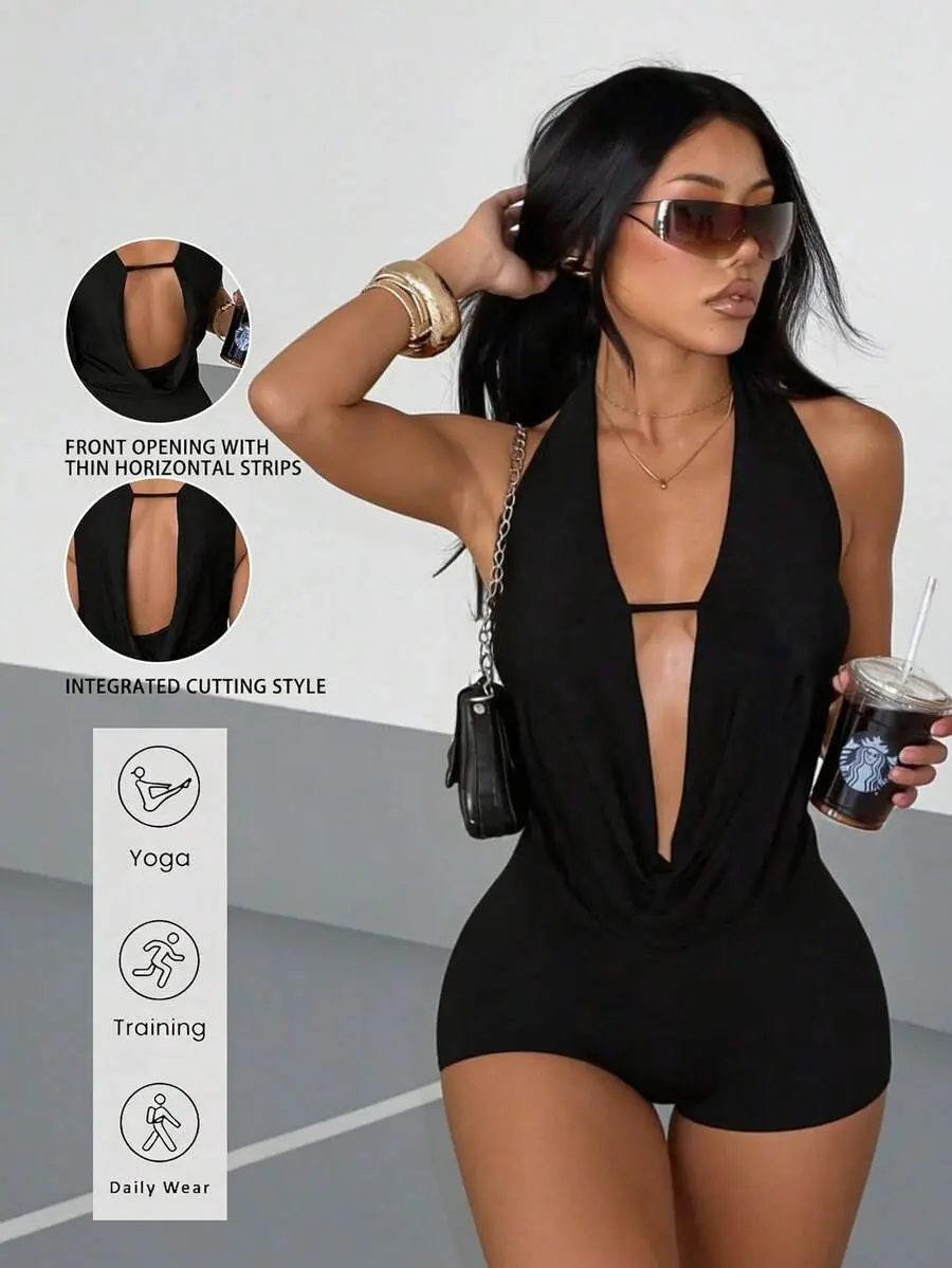 Slayvie Women's Backless Jumpsuit Suitable For Gym Outdoor Yoga Casual Comfortable Black Jumpsuit Y2K Sportswear