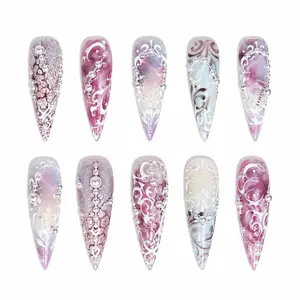 Pastel Rococo Princess Press On Nails | Pink Blue Marble Pearl Coquette Luxury Nails Set