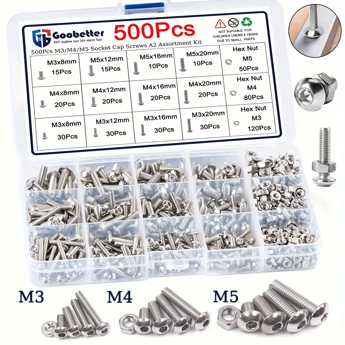 Stainless Steel Button-Head Screw & Nut Hardware Fastener Kit, 500-Piece Corrosion-Resistant Set with Allen Key for DIY Users, Furniture Fixing & Socket Cap Screw Applications