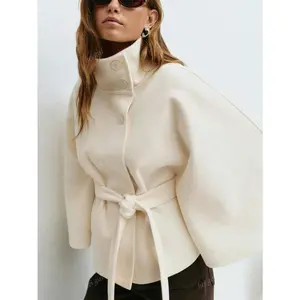 Women's Elegant Solid Color Woolen Cloak With Stand Collar And Button, Belted Winter Coat