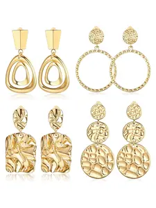 4 Pairs Clip On Earrings for Women Dangle Statement Earrings Rectangle Tassel Teardrop Square Golden Metal Geometric Clip-on Earrings Non Piercing Drop Pendant Earrings Ear Clips Fashion Dangle Earrings