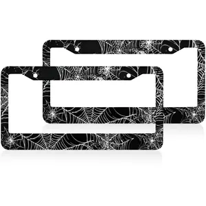 Spooky Halloween Spiderweb License Plate Frames 2 Packs Aluminum Car Tag Cover Holder 12.2x6.3 Inch Auto Parts Decoration with Screws Vehicle