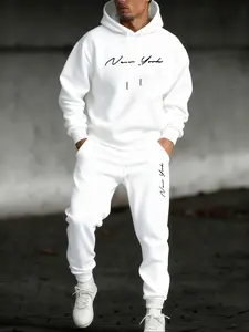 Men's Hooded Sweatshirt Set 2 Piece, Letter Print Pullover + Drawstring Casual Sport Pants, Fall & Winter Fitted Style, Streetwear Tracksuit, Sweatsuits Set, Hoodie Tracksuit, Sports Casual Wear, Athleisure Tracksuit Outfit
