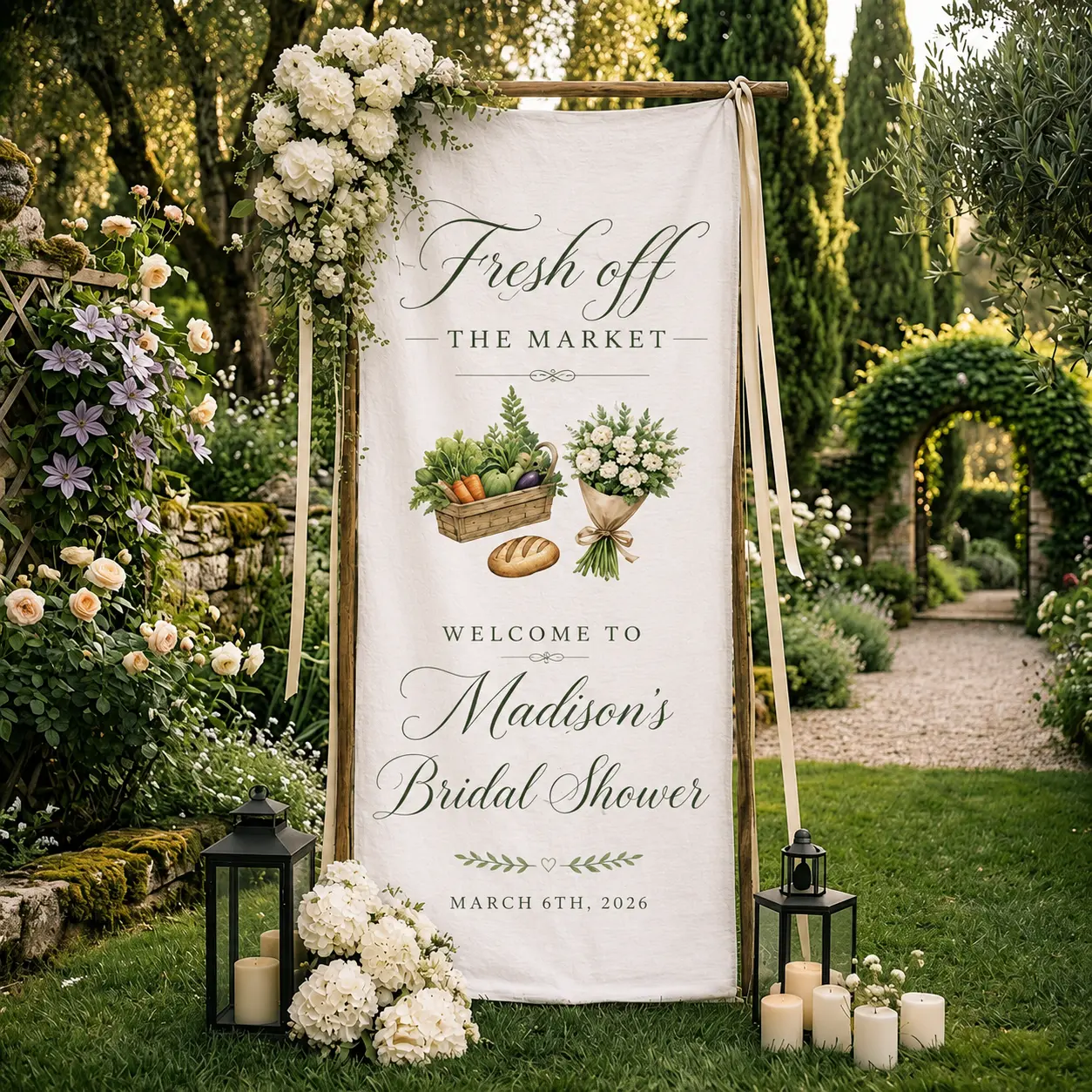 Bridal Shower Welcome Sign Fabric Banner, Personalized Bridal Shower Decor, Fresh Off the Market Theme, Custom Welcome Sign
