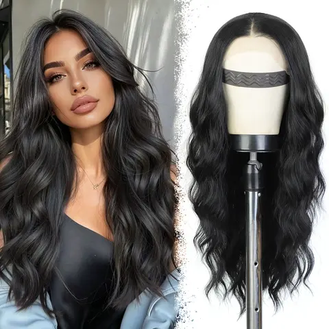 13*4 Long Black Wavy Lace Front Synthetic Wig Long Black Curly Wigs for Women Free Part ,Natural Melt Scalp,Ear-to-Ear Lace,Beginner-Friendly,Easy Wear & Go,No Salon Needed,Lightweight,All Occasions