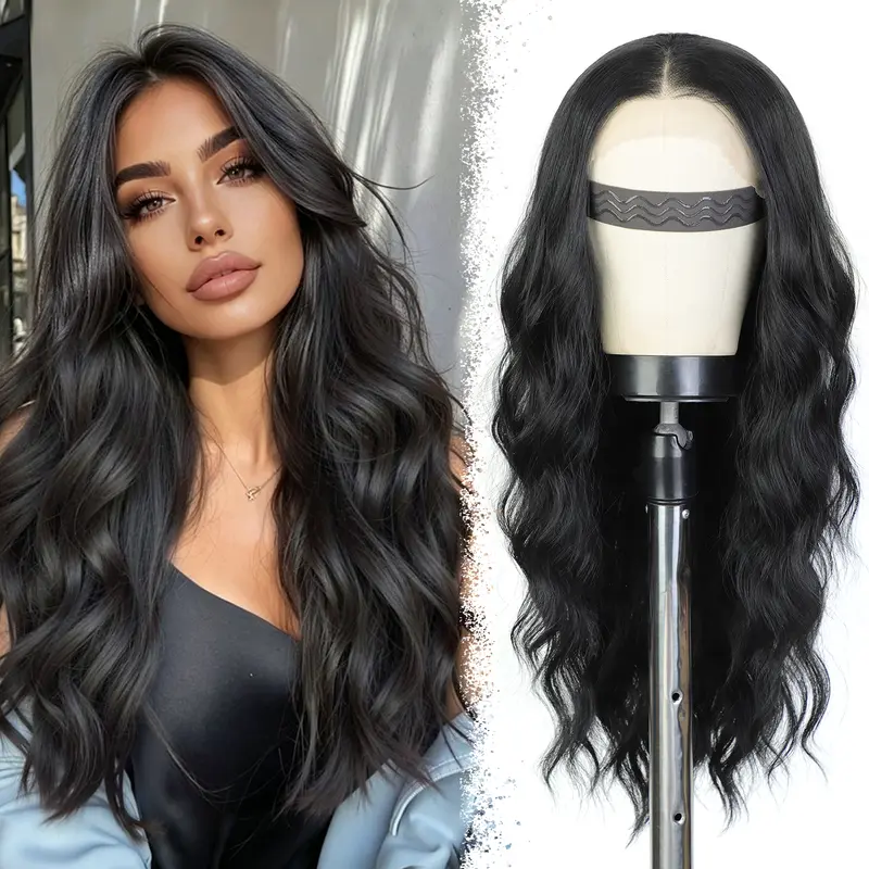 13*4 Long Black Wavy Lace Front Synthetic Wig Long Black Curly Wigs for Women Free Part ,Natural Melt Scalp,Ear-to-Ear Lace,Beginner-Friendly,Easy Wear & Go,No Salon Needed,Lightweight,All Occasions