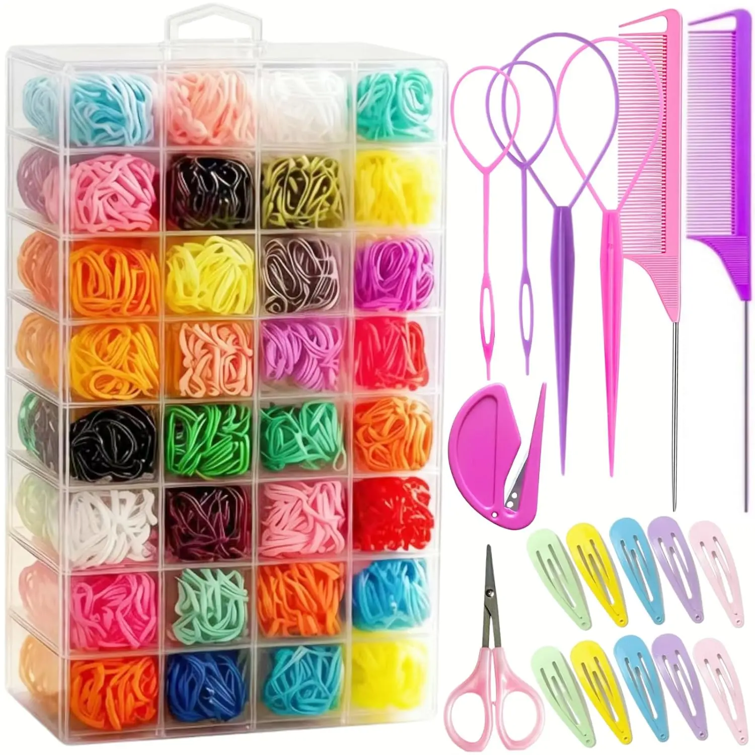 Aigee Mini Elastic Hair Rubber Bands Set - 2000 Pcs in 32 Colors, 18 Styling Tools (Rat Tail Comb, Topsy Tail Tools, Snap Clips, Elastic Cutter) for Kids, Toddlers