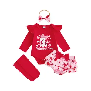 My First Valentines Day Baby Girl Outfit Love Heart Romper Ruffle Layered Shorts Headband Socks Cute Clothes