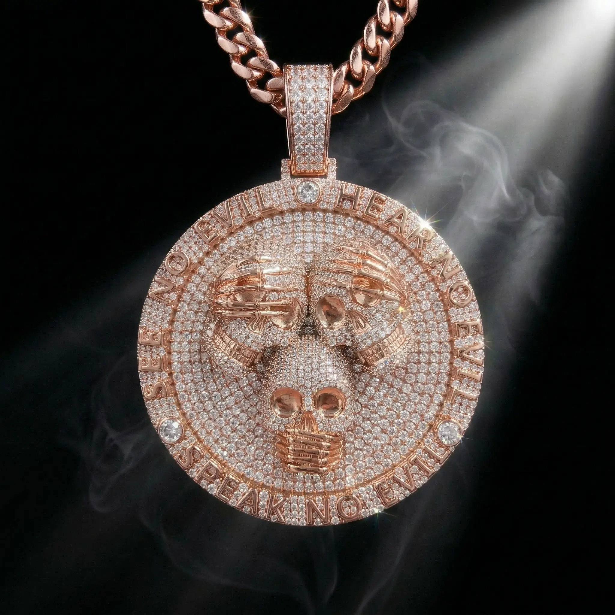 Men's Chunky Cuban Link Chain Necklace - 3 Luxury Finishes, Blinding Micro-Pave Stones, Highly Detailed 3D Sculpting Skeleton Face Gold Disc Pendant, Street Code Proverb Hip Hop Rapper Statement Costume Jewelry