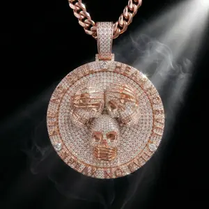 Luxury Bling Skeleton Face Round Disc Necklace, Street Code Proverb Hip Hop Rapper Chain, Heavyweight Micro Pave CZ Diamond Statement Piece, 3 Colors Available, Men's Jewelry Necklace