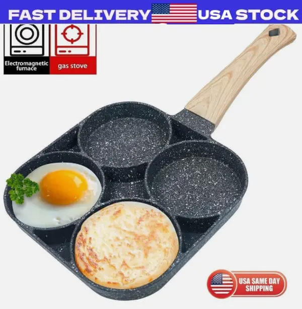 4-Hole Non-Stick Cookware Egg Fry Pan, Pancake & Egg Hamburger Maker with Wooden Handle, Frying